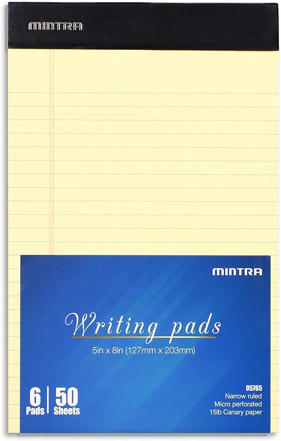 Mintra Office Legal Pads, ((xBasic, 5in x 8in, Narrow (Canary), 36pk (6-6pks))-DeskLoop Office