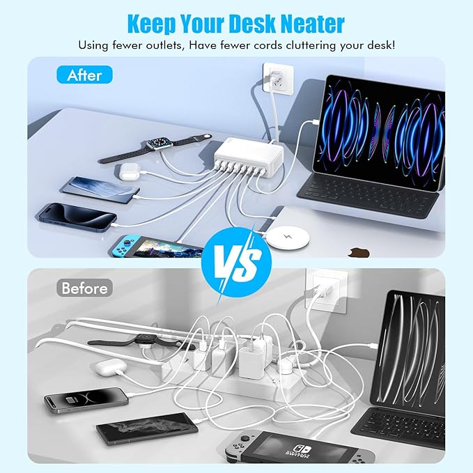 USB C Charger Block,200W GaN 8 Port USB C Charging Station USB Hub Block Cube Type C & USB A Wall Charger Power Adapter for Multiple Devices Apple iPhone 16/15/14,Steam Deck,MacBook Pro/Air,iPad Pro-DeskLoop Office