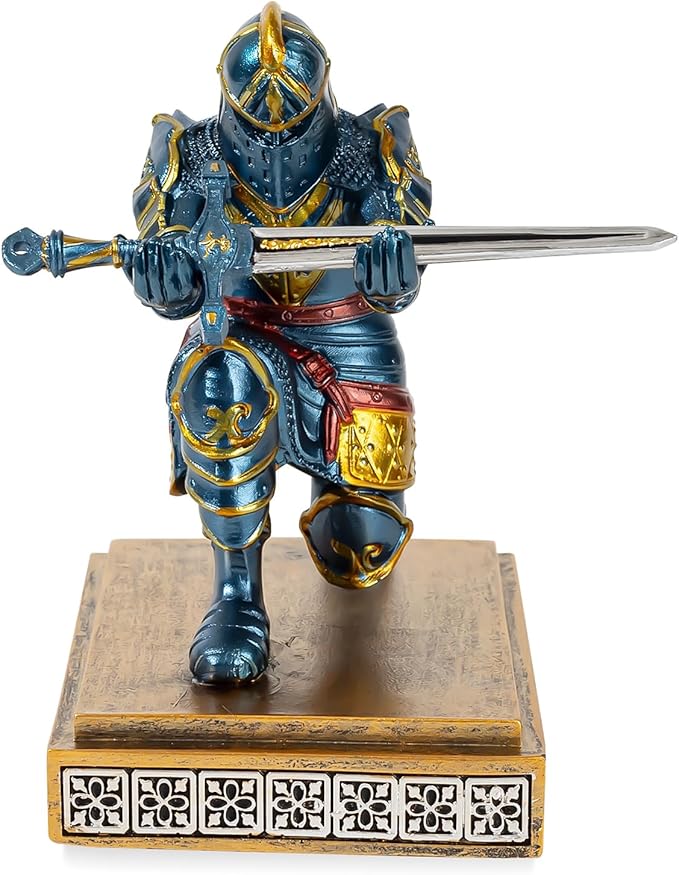 MACLARONX Kneeling Knight Pen Holder with Sword Medieval Warrior Fancy Pencil Stand for Office Desk Home Decor for Men Father Husband Armor Soldier Statue-DeskLoop Office
