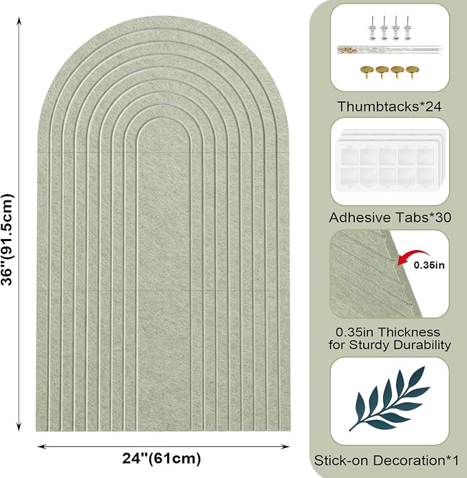 Large Arched Felt Bulletin Board, Sage Green Stylish Sized 36" x 24" Cork Board - Image 3