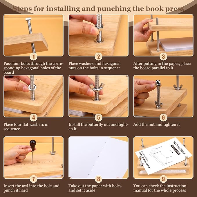 JUPEAN Bookbinding Kit, Book Making Kit, Bookbinding Punching Guide Set, 11.6”x7.9” Hole Punching Book Press Books Binding Materials with Bone Folder Awl Binding Strap for Craft DIY-DeskLoop Office
