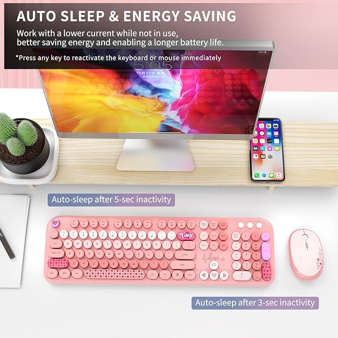 Wireless Keyboard and Mouse Combo, 104 Round Keys Full-Size Cute Colorful Pink Cordless Keyboard and Mouse with Retro Typewriter for PC/Mac/Laptop/Tablet/Computer/Windows Pink-DeskLoop Office