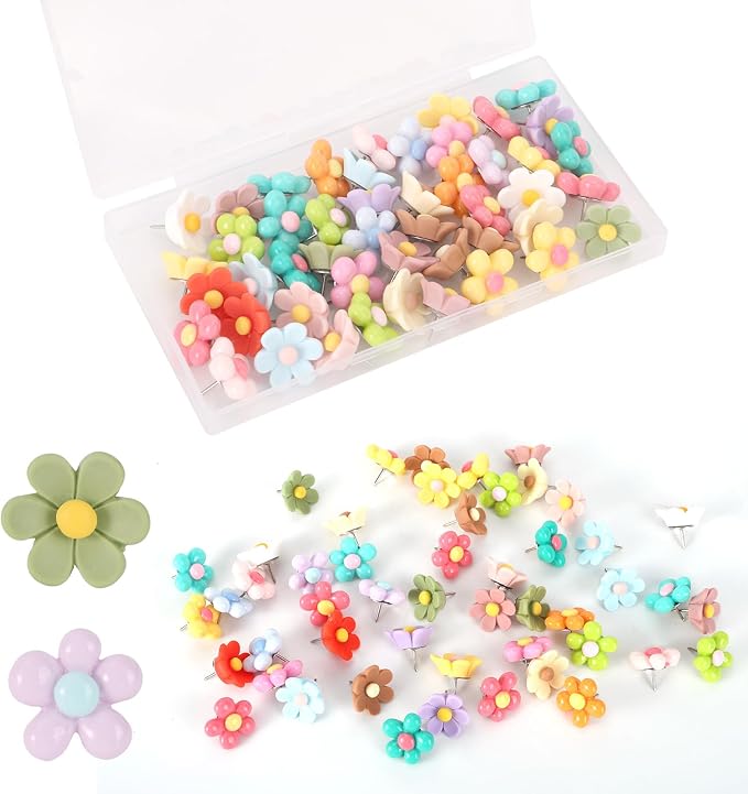 50pcs Flower Push Pins, Resin Decorative Thumb Tacks | Cute Floral Push Pins by Unknown