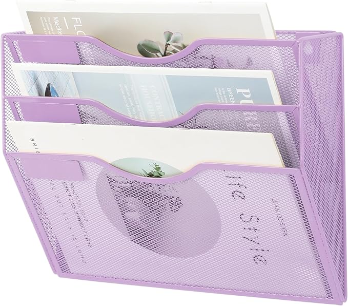 EASEPRES 3 Pocket Mesh Hanging Wall File Organizer, Wall Mounted Mail Paper Document Folder Holder, Clipboard Storage Organization Magazine Rack with Nametag Label for Office Home School, Light Purple-DeskLoop Office