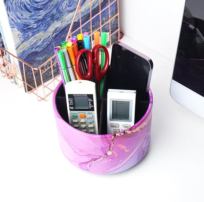 Round Leather Art Supply Organizer,Remote Control Holder,360-degree Rotating Pen Organizer with 4 Compartments(1-Purple Blue Splash Ink)-DeskLoop Office