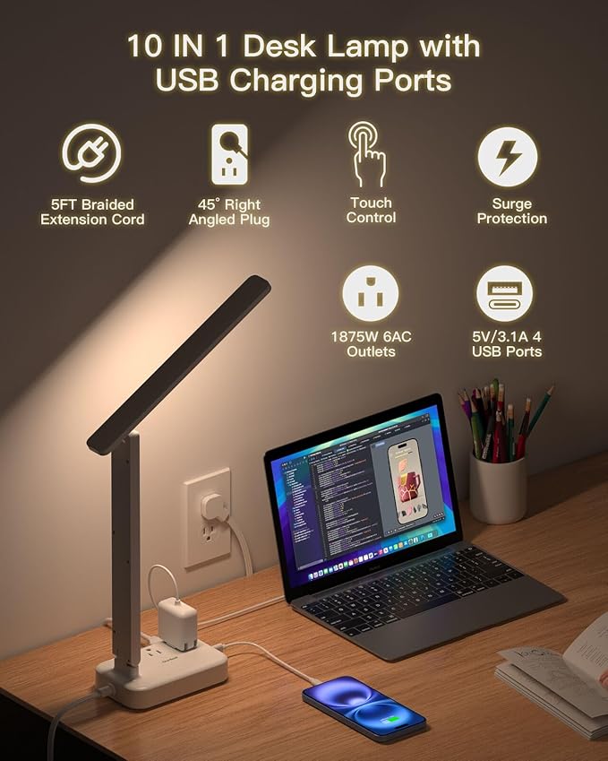 One Beat Desk Lamp with 6 Outlets 4 USB Ports(2×USB-C),Eye Protection Table Lamp Power Strip with 4 Color Modes 5 Brightness Touch LED Desk Lamps for Home Office College Dorm Room Essentials(White-DeskLoop Office