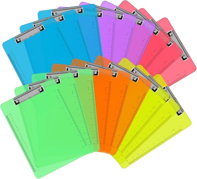 Plastic Clipboards, PANDRI 18 Pack Clear Colored Clipboards, Low Profile Clip by PANDRI