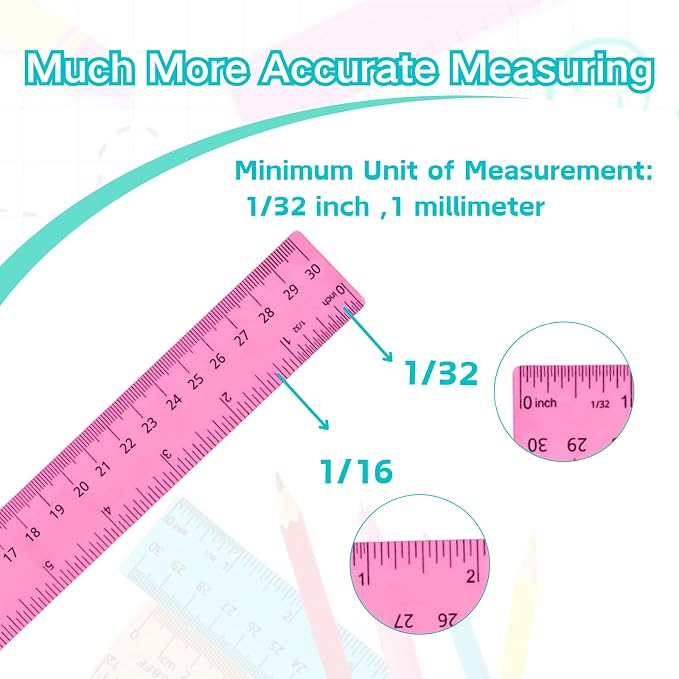 12 Inch Clear Ruler, Kids Ruler, School Ruler, Colored Plastic Rulers, in and cm - Image 5