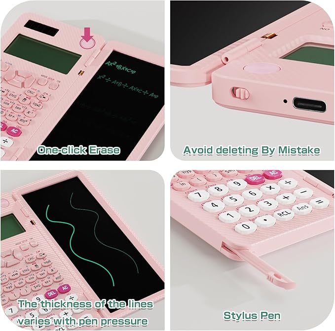 Rechargeable ROATEE 991ES MAX Scientific Calculators, CalcNote Multiview 4-Line Display with LCD Writing Tablet Notepad, Foldable Portable for Business High School College Students and Teacher(Pink)-DeskLoop Office