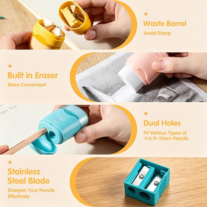 Deli Pencil Sharpener & Eraser, 24 Pack Pencil Sharpeners Manual, Dual Holes - Image 6