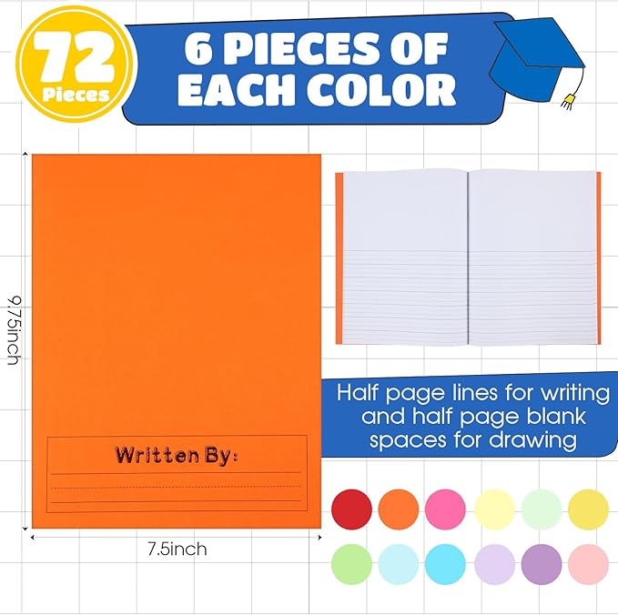 Henoyso 72 Pcs Primary Composition Notebook K-2 9 3/4 x 7 1/2 Inch Primary Journal, Back to School Supplies, Bulk Blank Writing Book for Kid to Write Draw Journal 60 Page Notebooks (Vibrant Color)-DeskLoop Office