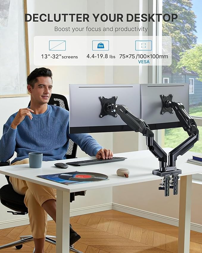 HUANUO Dual Monitor Stand - Full Adjustable Monitor Desk Mount Swivel Vesa Bracket with C Clamp, Grommet Mounting Base for 13 to 32 Inch Computer Screens - Each Arm Holds 4.4 to 19.8lbs-DeskLoop Office