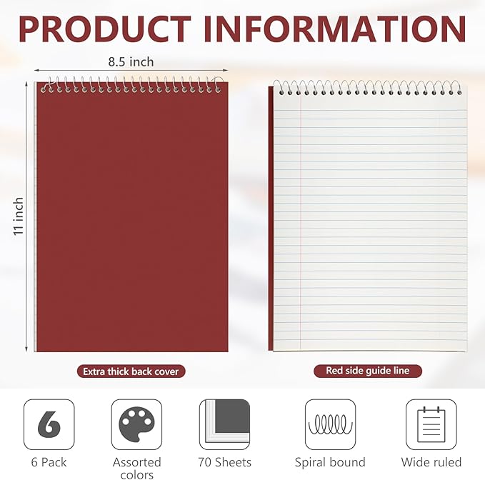 6 Pack 8.5 x 11'' Top Bound Office Steno Book Wide Ruled Double Sided Spiral Notebooks Reliable White Paper 70 Sheets/Pad Pastel Colors Covers for Writing School Notes(Vintage Color)-DeskLoop Office