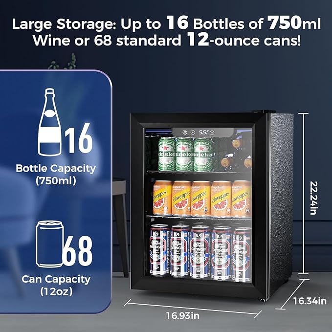 1.7 Cu.ft Beverage Refrigerator Cooler, 68 Can Mini Fridge Glass Door with Adjustable Shelves, Digital Temperature Display, Freestanding Small Drink Fridge for Home, Office or Bar(Black)-DeskLoop Office