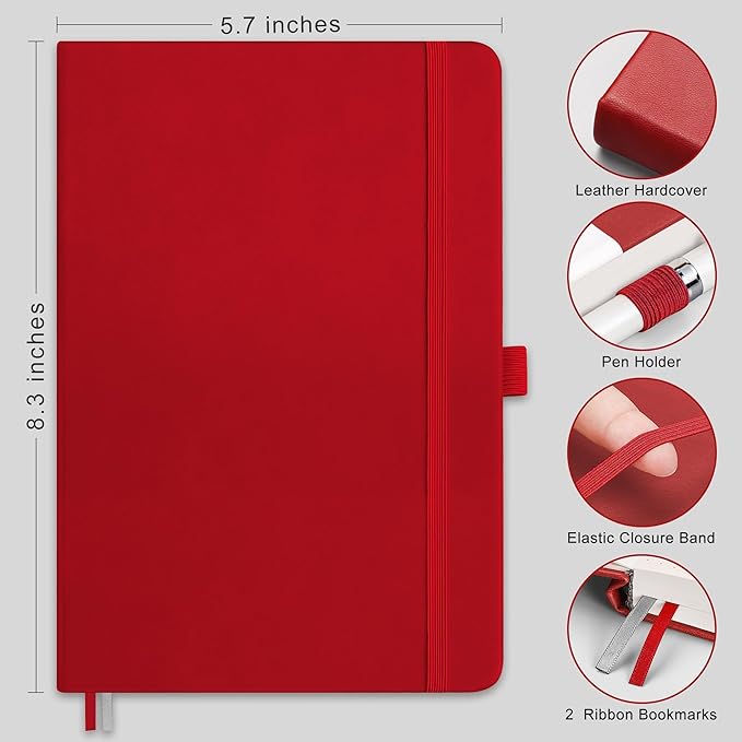 RETTACY Bullet Dotted Journal Notebook, 192 Pages, A5 Medium Size (5.7'' x 8.3''), Leather Hardcover, 100 GSM Thick Paper, for Bullet Journaling, Planning, Tracking (Red)-DeskLoop Office