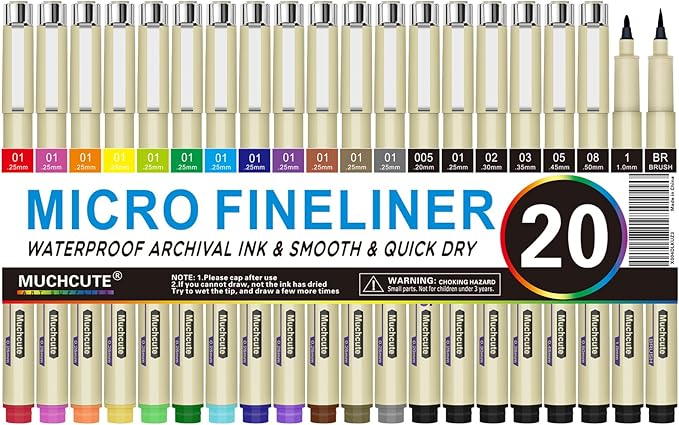 Muchcute Micro Fineliner Drawing Art Pens: 20 Set Extra Fine Line Waterproof by Muchcute