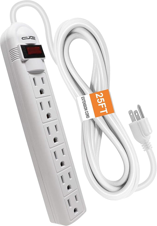 Digital Energy 6-Outlet Surge Protector Power Strip with 25-Ft Long Extension Cord, White, ETL Listed, UL Standard-DeskLoop Office