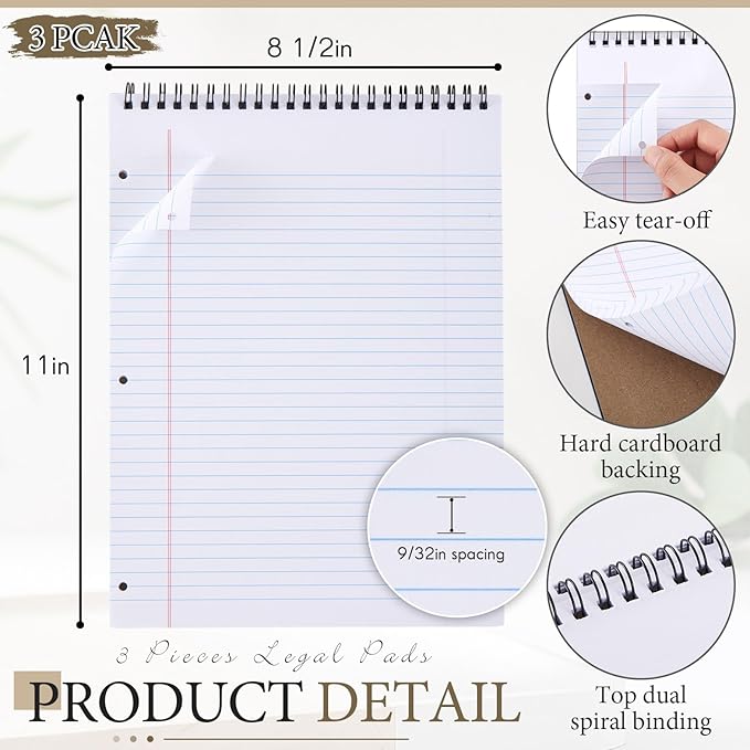 3 Packs 8.5" x 11" Top Spiral Notebook with 3 Hole Punched Legal Pads College Ruled Notepad 50 Sheets Hard Cardboard Paper Wirebound Notepad for Office School Business (Dark Colors)-DeskLoop Office