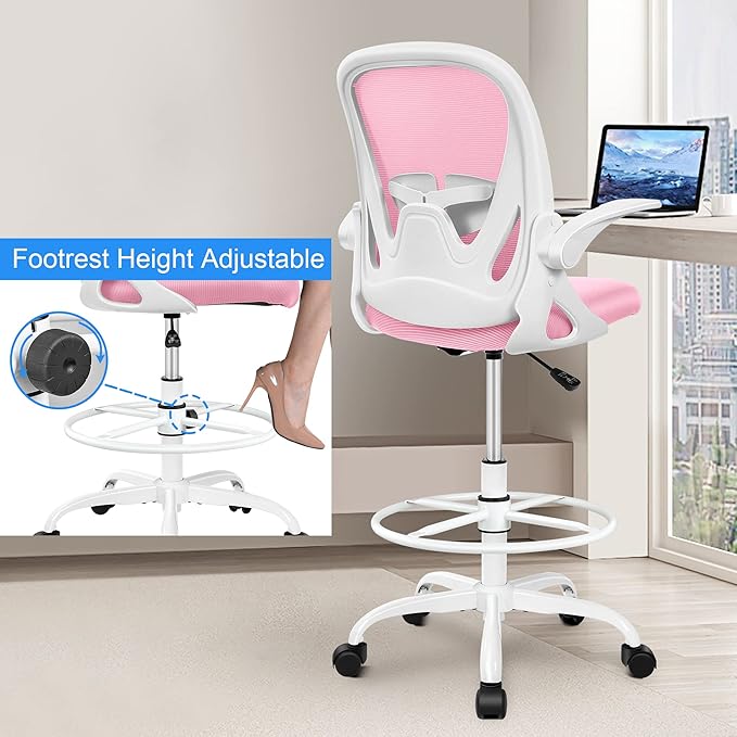 Primy Drafting Chair Tall Office Chair with Flip-up Armrests Executive Ergonomic Computer Standing Desk Chair with Lumbar Support and Adjustable Footrest Ring (Pink)-DeskLoop Office