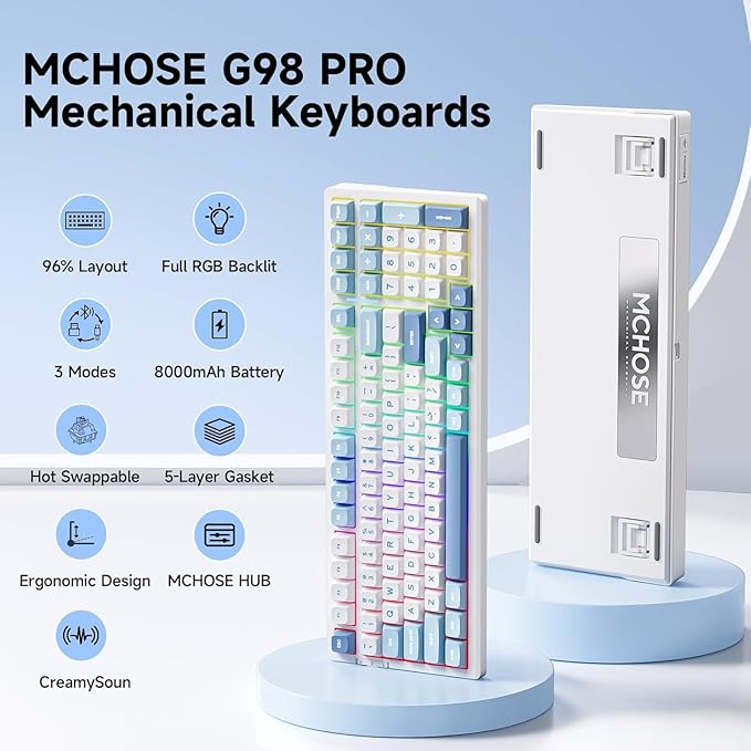 G98 PRO Wireless Gaming Keyboard, Tri-Mode Connection Mechanical Keyboard, Hot Swappable Custom Gasket Structure, Pre-lubed Linear Switches, Double Shot PBT Keycaps, RGB LED Backlit, Blue&White-DeskLoop Office