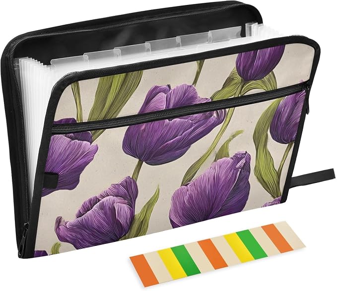 Expanding File Folder Purple Tulips Pattern Accordion File Organizer 13 Pockets by ALAZA