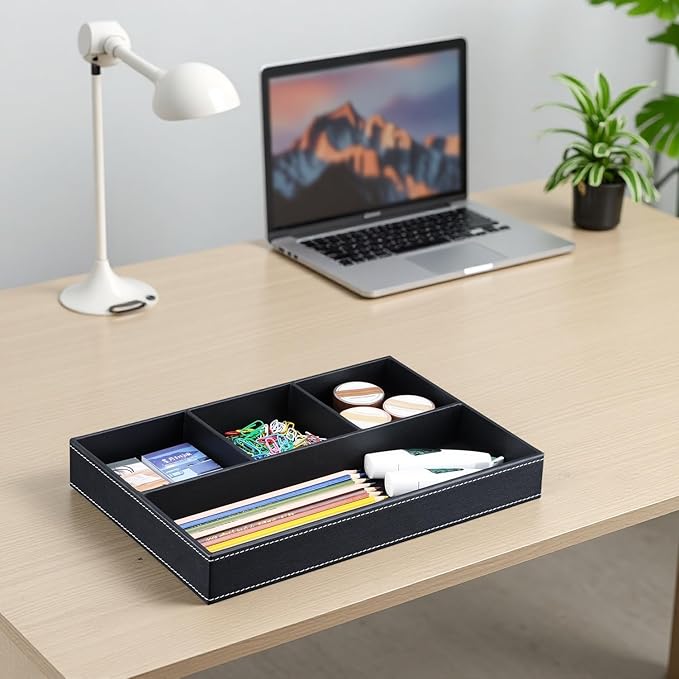 KINGFOM Pu Leather Desk Organizer Tray, 4 Compartment Office Storage Supplies Stationery Drawer Tray, Nightstand Bedside Tray for Key, Wallet, Sunglass, Watch, Coin, Phone Valet Tray Stackable Black-DeskLoop Office