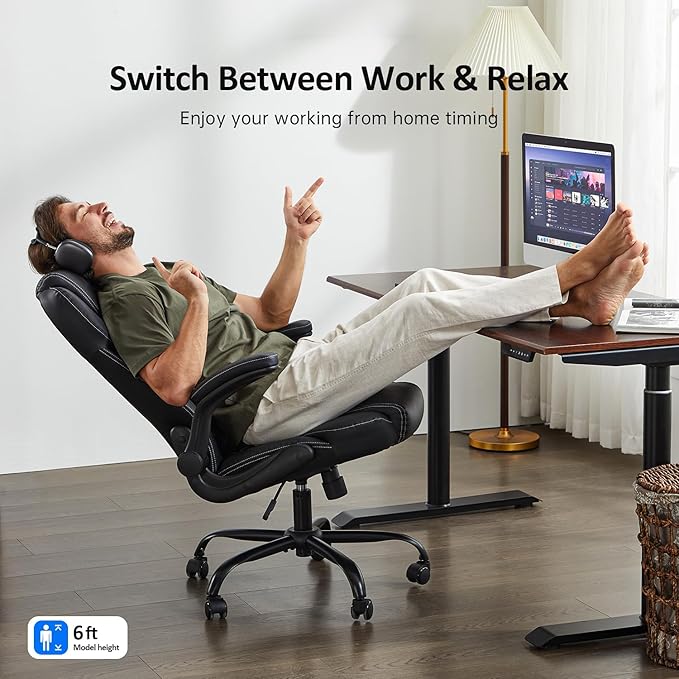 Office Chair, Executive Leather Chair Home Office Desk Chairs, Ergonomic Computer Desk Chair with Adjustable Flip-Up Arms, Lumbar Support Swivel Task Chair with Rocking Function (Black)-DeskLoop Office