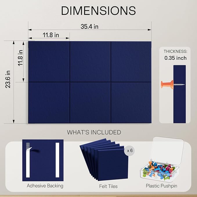 MaxGear Felt Bulletin Board 36" x 24", Dark Blue Felt Wall Tiles Push Pins | - Image 5