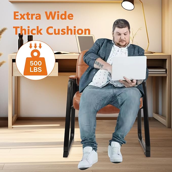 CLATINA Big & Tall 500 lbs Waiting Room Chairs with Padded Armrests and Sled Base, Leather Stationary No Wheels Office Guest Chair for Reception Lobby Home and Meeting Conference, Brown (2 Pack)-DeskLoop Office