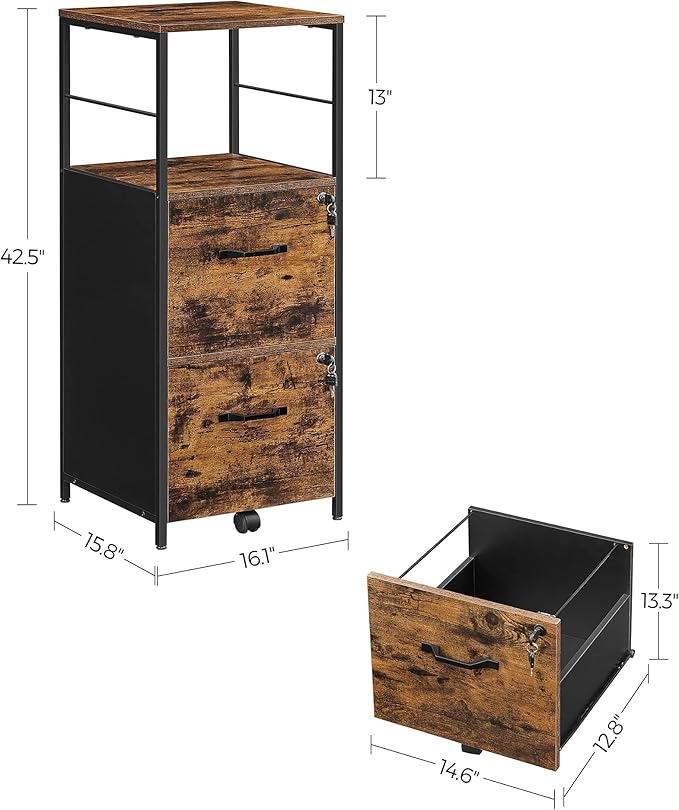 VASAGLE File Cabinet for Home Office, 2-Drawer Filing Cabinet with Lock, Open Shelf, Printer Stand, for A4 and Letter Sized Files, Adjustable Feet, Industrial, Rustic Brown and Ink Black UOFC045B01-DeskLoop Office