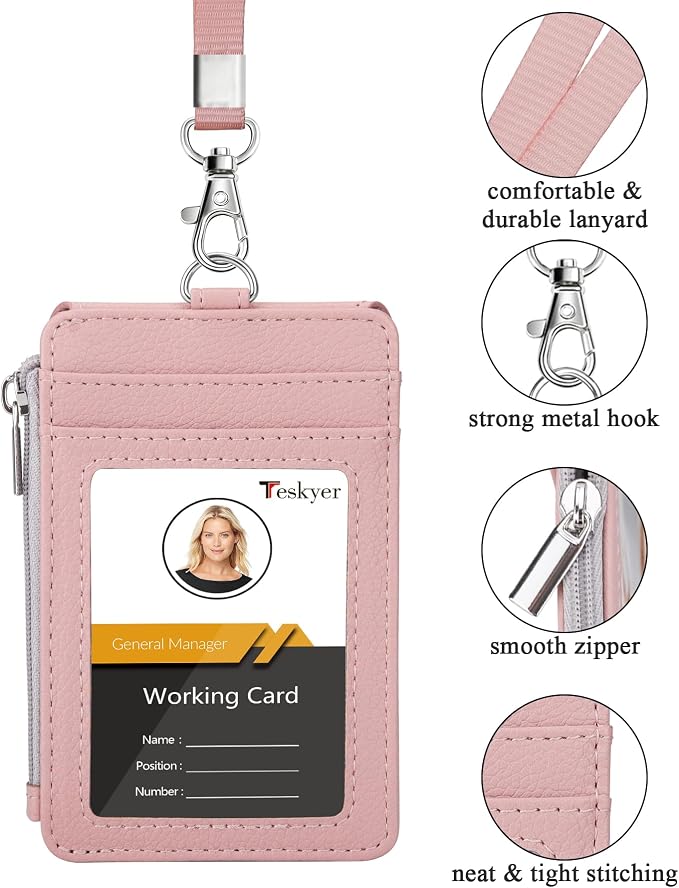 Teskyer ID Badge Holder with Lanyard, Lanyard Wallet, Lychee Dark Pink | 4-Card - Image 2