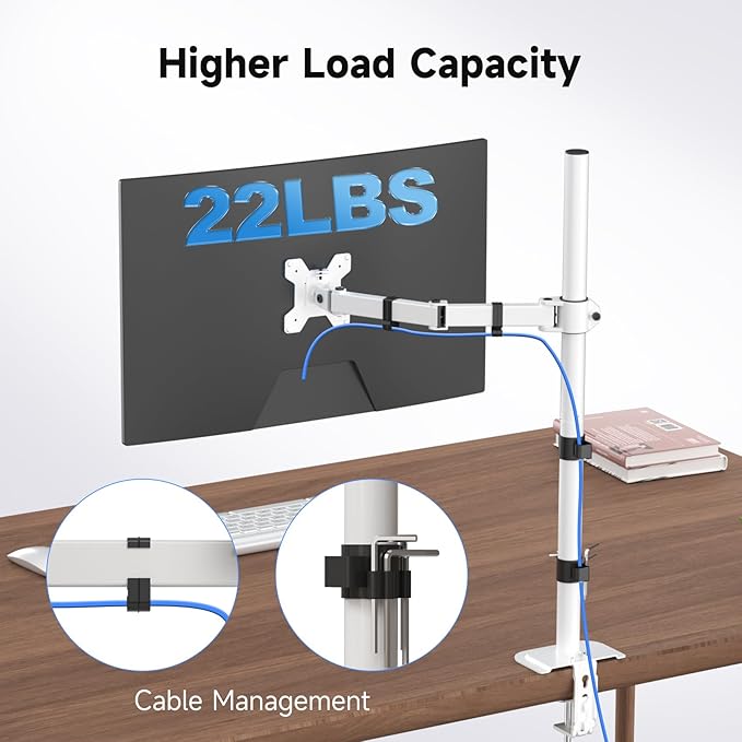 Suptek Single Monitor Arm Desk Mount Fully Adjustable Monitor Stand for 1 / One Screen up to 32 inch Extra Tall 31.5 inch Pole,White (MD6821W)-DeskLoop Office