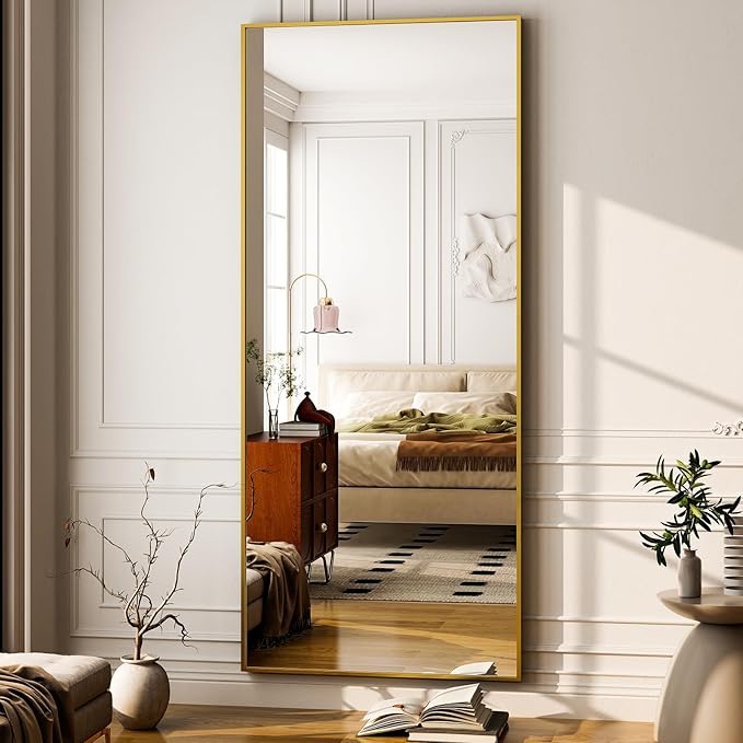 GLSLAND 68" x 24" Full Length Mirror - Rectangle Floor Mirrors Aluminum Alloy Frame Full Body Mirror for Bedroom, Living Room, Cloak Room, Gold-DeskLoop Office