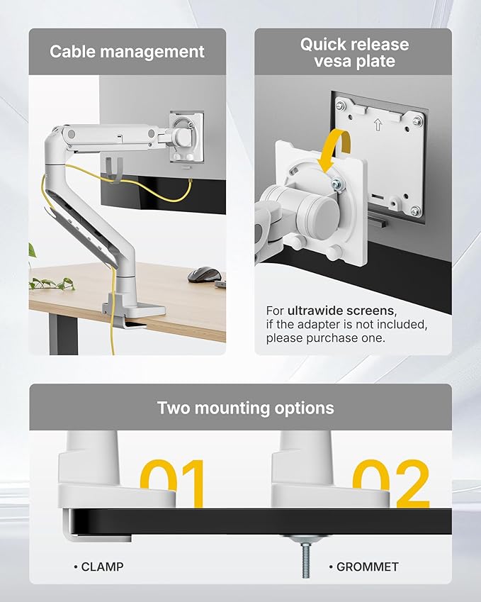 monTEK Single Monitor Arm with USB A/C, Ultrawide Monitor Stand for 17 to 57 Inch Curved Screen, Holds 59.4 lbs, Adjustable Gas Spring Arm, 75/100 VESA Mount, Clamp & Grommet Desk Mount, White-DeskLoop Office