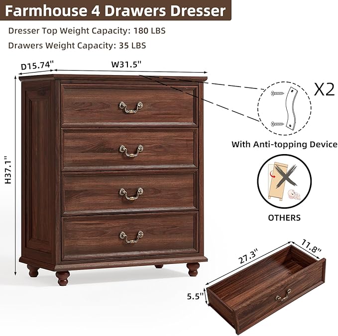 Farmhouse 4 Drawer Dresser Set of 2 for Bedroom, 37" Tall Rustic Chests of Drawers w/ 4 Solid Wood Feet, Mid Century Vintage Wooden Closet Storage Dressers Organizer for Living Room, Brown-DeskLoop Office
