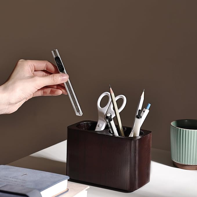 Oak Solid Wood Pen &Pencil Holder for Desk, Office Stationery Organizer, Table Pencil Cup Stand,Desk Accessories Holder, Two Cups Practical Design. (Espresso)-DeskLoop Office