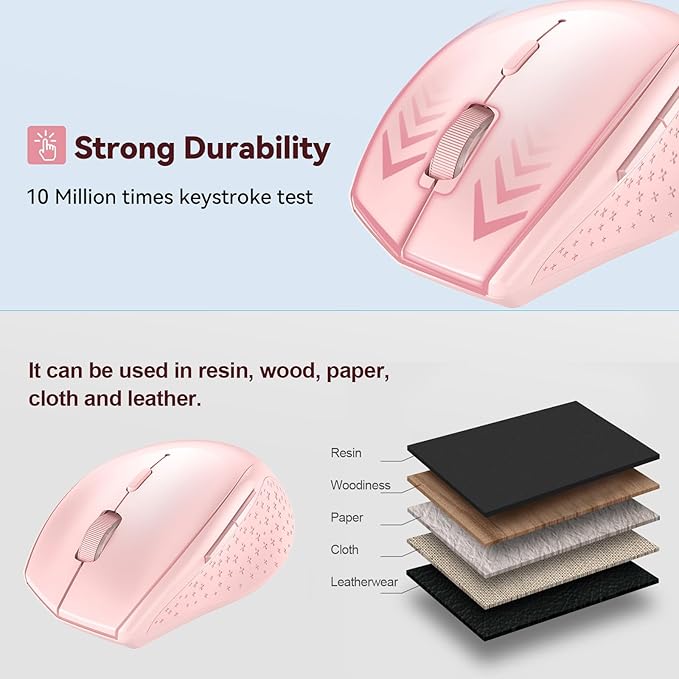 TECKNET Bluetooth Mouse, 4800 DPI Wireless Mouse, 2-Year Battery 6 Adjustable DPI, 6 Buttons Compatible with Laptop/Windows/Computer - Pink-DeskLoop Office