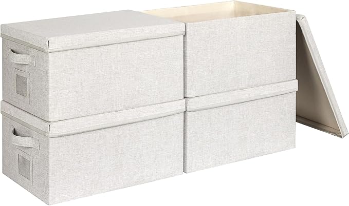 Large 17''x12'' Quart Collapsible Stackable Storage Bins with Lids, 4 Packs Off White Fabric Closet Boxes with Lids, Storage Cube Baskets Container Organizers for Bedroom Office(17''x12.2x''8'')-DeskLoop Office