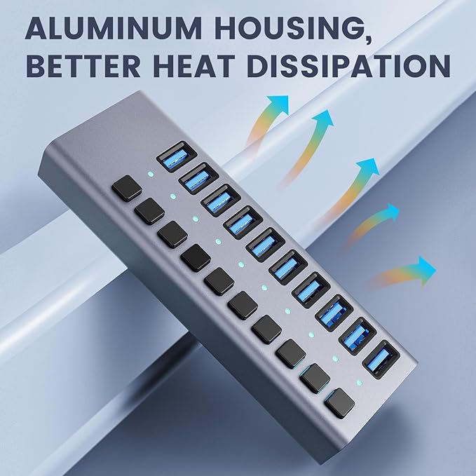 48W Powered USB Hub - ACASIS 10 Ports USB 3.0 Data Hub, Individual On/Off Switches, 12V/4A Power Adapter, Aluminum Housing, USB Splitter for PC, Computer, Mobile HDD, Flash Drive-DeskLoop Office