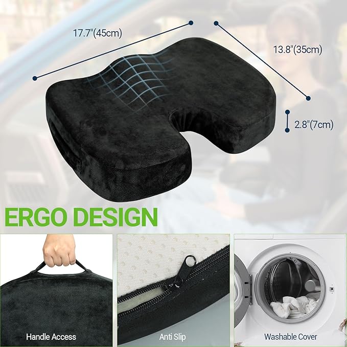 Gel Seat Cushion for Car Office - Memory Foam Pain Relief Chair Pillow Cushions - Tailbone Sciatica Coccyx Butt Lumbar Support Pad for Sitting Driving Traveling, Velvet, Black-DeskLoop Office