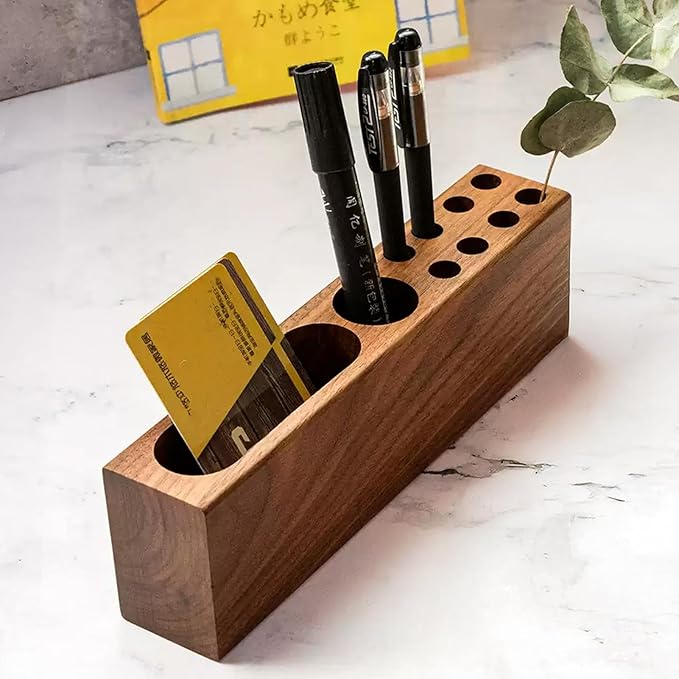 LiTY Pen Holder for Desk, Acacia Wooden Pencil Stand, Solid Wood Business Card Holder, Fountain Pen Organizer, Minimalist Aesthetic Office Stationery Desk Decor-DeskLoop Office
