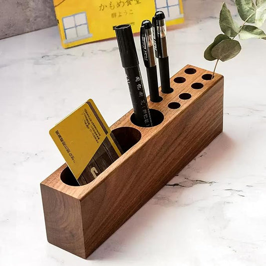 LiTY Pen Holder for Desk, Acacia Wooden Pencil Stand, Solid Wood Business Card Holder, Fountain Pen Organizer, Minimalist Aesthetic Office Stationery Desk Decor-DeskLoop Office