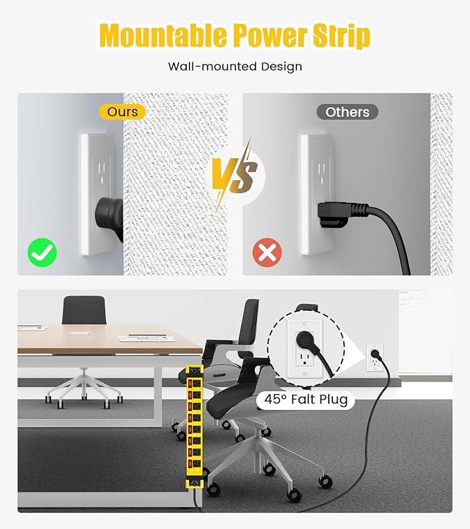 Heavy Duty Power Strip with Individual Switches,8 Outlets 14 Gauge Industrial Shop Garage Metal Multiple Outlets,1200J Surge Protector Mountable Power Strip,10FT Extension Cord Management(Yellow)-DeskLoop Office