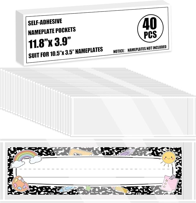 40 PCS Nameplate Pocket 10.5 x 3.5 Inch Clear Self-Adhesive Desk Name Tag by Fairooth