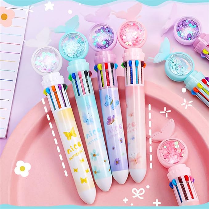 4pcs Set Multi-Color Shuttle Pens 10-In-1 Retractable Ballpoint Pen 0.5mm, Butterfly Design, Home Office School Supplies for Students Kids (4pcs Random Color)-DeskLoop Office
