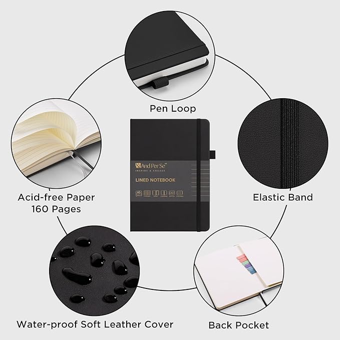 A5 Lined Leather Journal and Pen Set for Women&Men, Gift Box Included, Hardcover Notebook with 160 Pages 100GSM Thick Paper, for Work, Business, School or Home Writing(Black)-DeskLoop Office