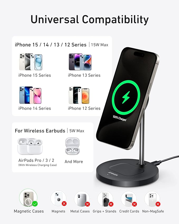 Anker MagGo 2-in-1 MagSafe Compatible Qi2 15W Wireless Charging Stand | Qi2 - Image 6