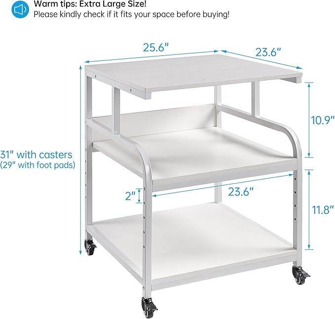 Printer Stand, 25.6" x 23.6" x 30.9" Extra Large Printer Table with Adjustable Storage Shelf, 3 Tier Rolling Printer Cart with Industrial Wheels for Home Office, White-DeskLoop Office