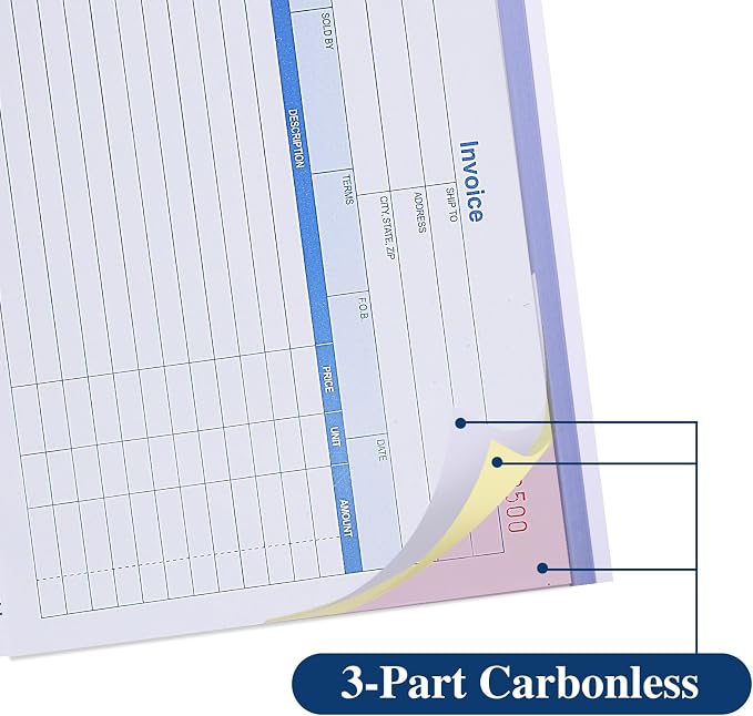 6 Pack Invoice Receipt Book, 3-Part Carbonless, 5-9/16" x 8-7/16" Invoice Book - Image 3