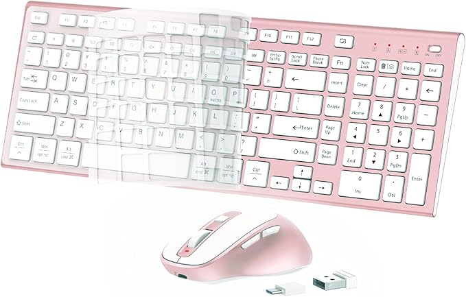 FENIFOX Wireless Keyboard and Mouse, Ergonomic Rechargeable Silent Quiet Slim Compact Full-Size USB C with Number Pad Flat Soft Cover for PC Computer Laptop Mac MacBook iMac Windows - Pink Rose Gold-DeskLoop Office